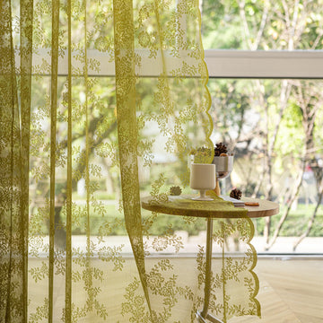 Sage Green Lace Sheer Curtains 72 inches Length 2 Panels Set, Florals Botanical Antique Window Treatment Pair Lacy