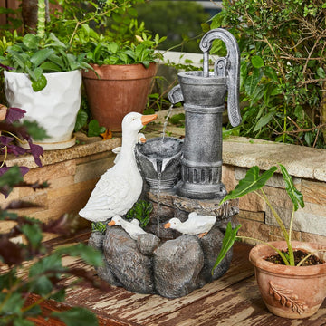 24" Farmhouse Duck Outdoor Fountain with LED & Pump - 2-Tier Cascading Water Fountain for Outside Garden Decor