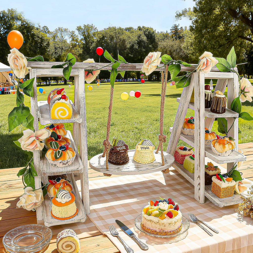 Wooden 3 Tier Cupcake Stand with Swing and Flower Decoration Serving Removable Tray Display Serving Ladder Foldable