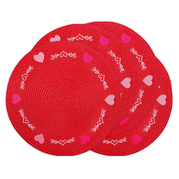 4 Pcs Round Valentine's Day Red Pink Placemats Embroidered Place Mats Love Heart Table Mat Decorative Dinner Table