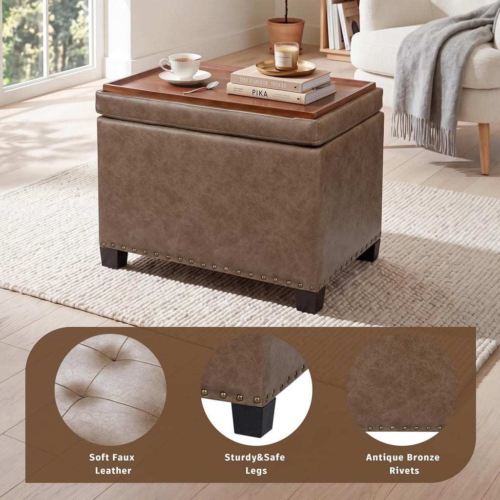 22" Storage Ottoman Coffee Table with Flip Top Tray, Tufted Faux Leather Footrest Stool with Nailhead Trim, Large