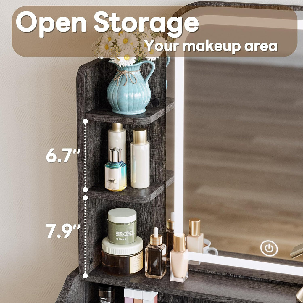 Small Vanity Desk with Mirror Lights and Storage Stool | Charcoal grey compact vanity with 3 light modes, charging