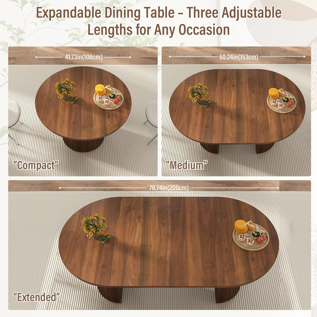 41 in-78 in Extendable Dining Room Table for 4-8, Round Expandable Kitchen Table with Fluted Base, Modern Farmhouse