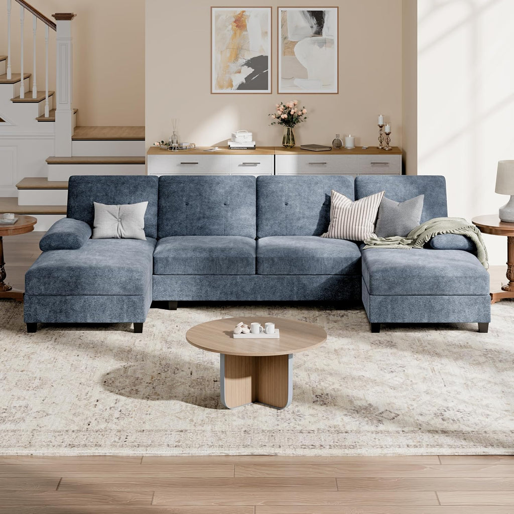 U-Shaped Sectional Couches , 4 Seat Sofa with Double Chaise Lounges,Solid Wood Frame Sectional Sofa ,Dark Grey