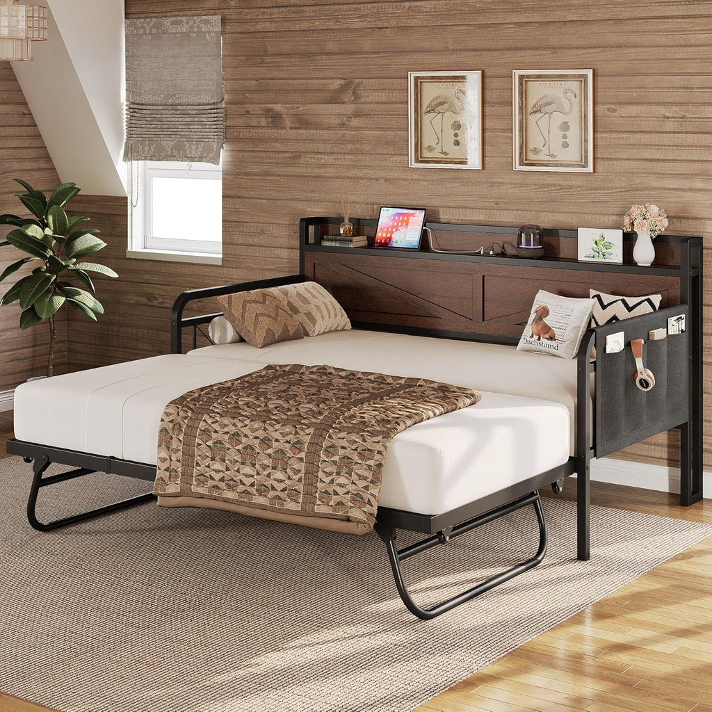 Twin Daybed with Pop Up Trundle & Charging Station & Storage Shelf | Pop Up Trundle with Smooth Wheels, Strong