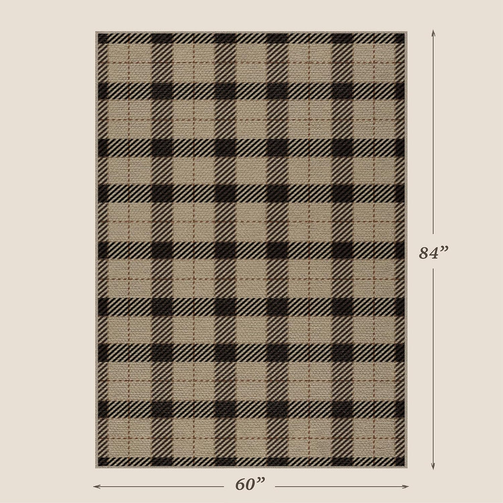 Easy Jute Area Rug 5x7, Black & Tan Plaid Rug, Washable Indoor Outdoor Farmhouse Rug & Covered Porch, Low Pile Non Slip