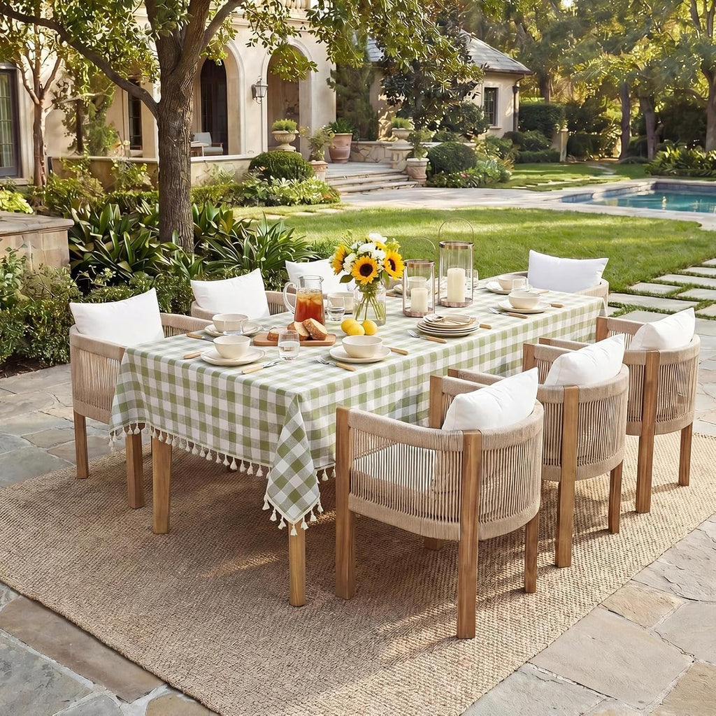 Outdoor Checkered Tablecloth, Linen Cotton Gingham Table Cloths for 6 Foot Rectangle Tables with Tas