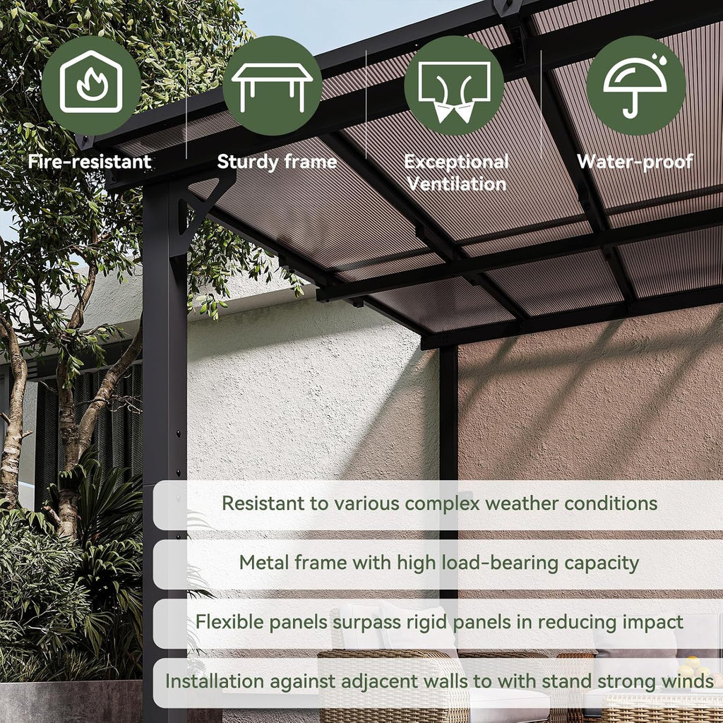 10' x 12' Gazebo, Gazebo Pergola with Sloped Roof, Large Wall-Mounted Heavy Duty Awnings