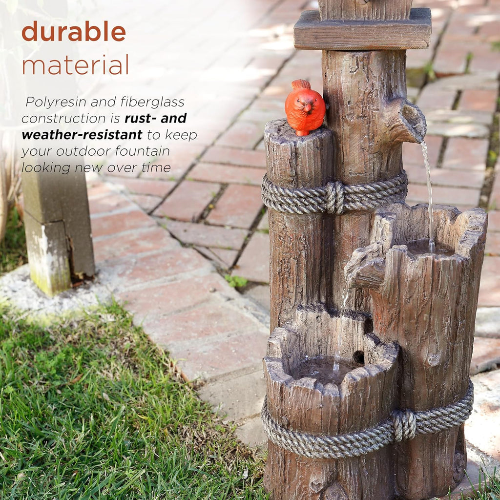 35" Tall Outdoor 3-Tier Birdhouse Water Fountain with Cardinal Accent, Rustic Floor Decor and Patio, Brown