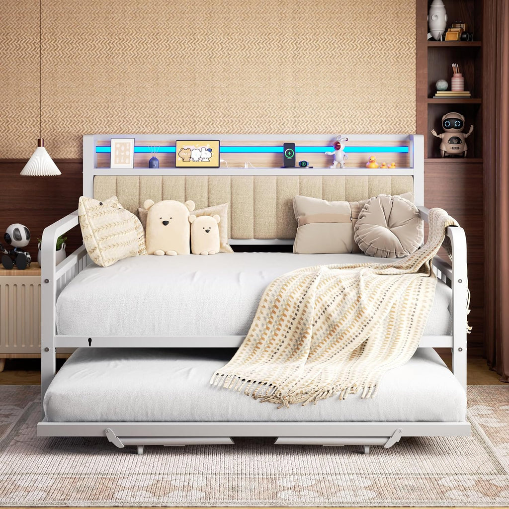 Daybed with Trundle and LED Light, Heavy Duty Metal Full Bed Frame with Upholstered Storage Headboard & Charging