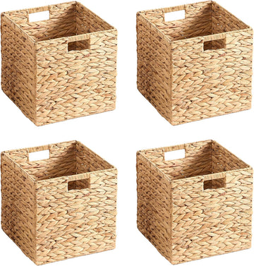 13x13x13 Wicker Storage Basket Set of 4, Water Hyacinth Woven Basket with Handles, Wicker Cube Storage Bins for