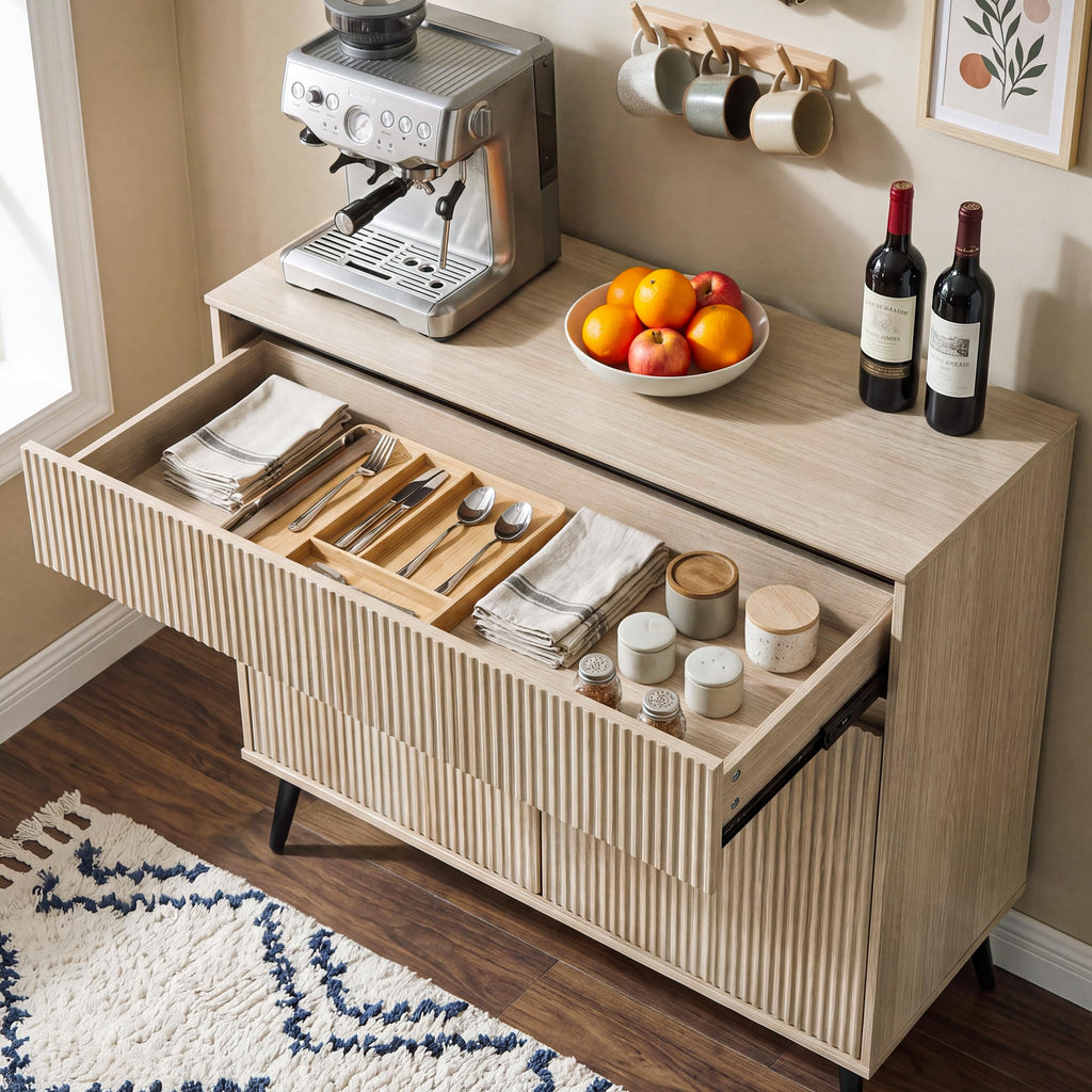 92" Large Fluted Module Sideboard Buffet Cabinet W/ Storage, Light Oak