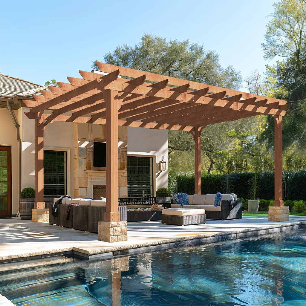 12 x16 FT Wooden Pergola, Cedar Wood Gazebo with Flat Roof, Outdoor Garden Shelter with Stakes Included