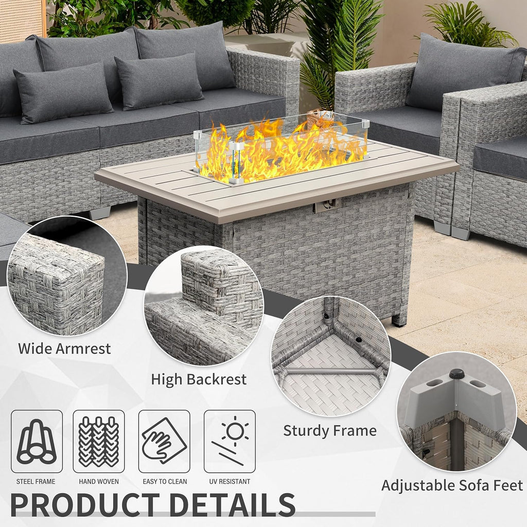 Patio Furniture Set 7 Piece Grey Wicker Outdoor Conversation Sets PE Rattan Sectional Sofa with Propane Fire