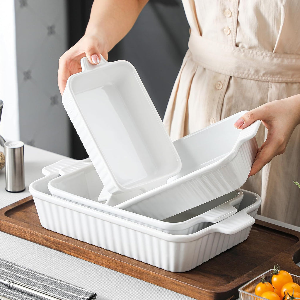 Casserole Dishes for Oven, Ceramic Dishes Set of 4, White | Rectangular Deep Lasagna Pans with Handles for Roasting