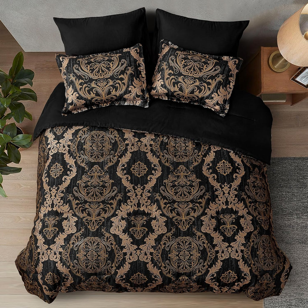 Black Comforter Set, Gold Damask Texture 7 Pieces Bed in a Bag Microfiber Comforter Bedding Sets-1 Comforter