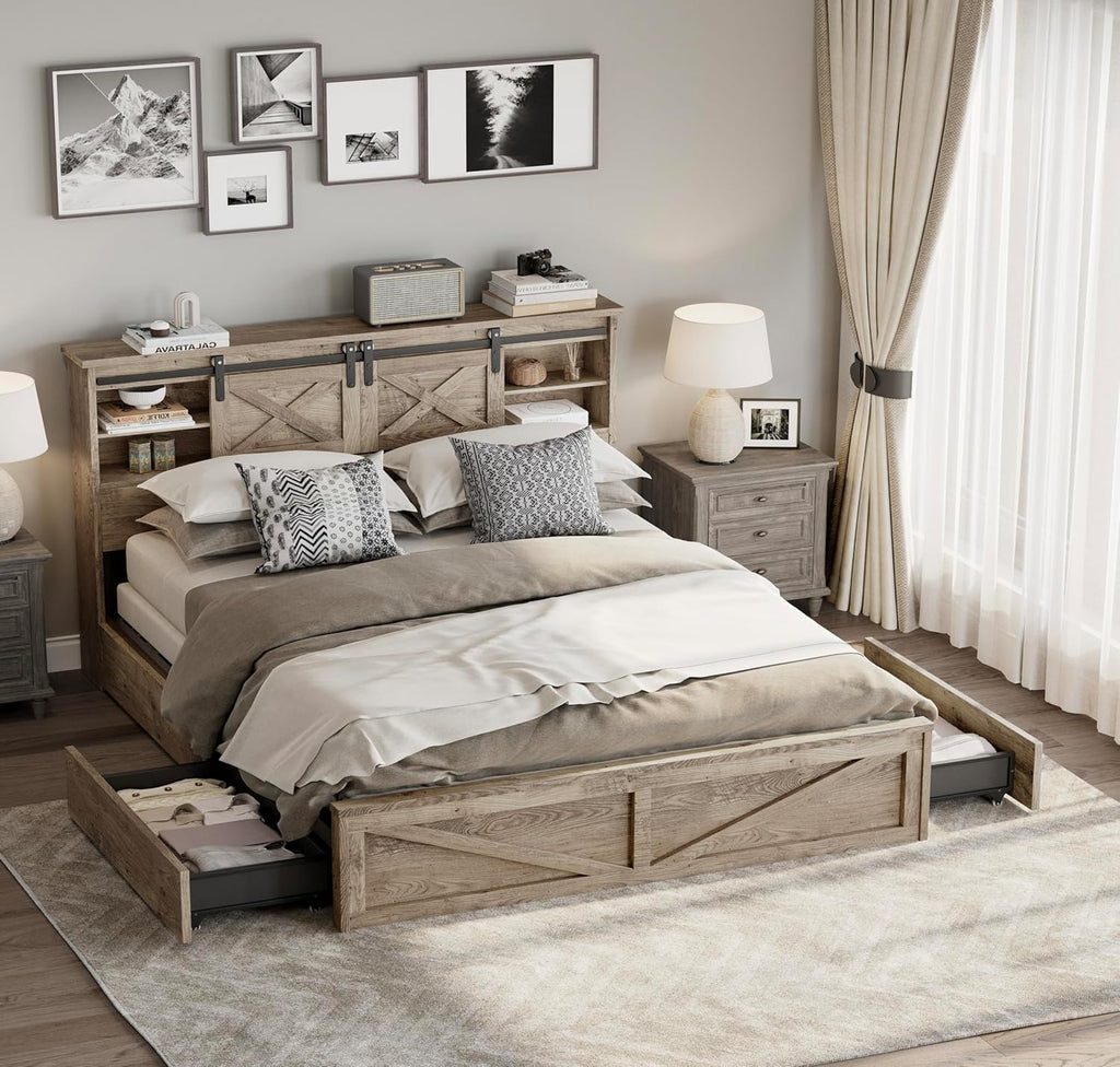 Farmhouse King Bed Frame with Sliding Barn Door Storage Headboard, LED Light and Charging Station, Wood Platform Bed