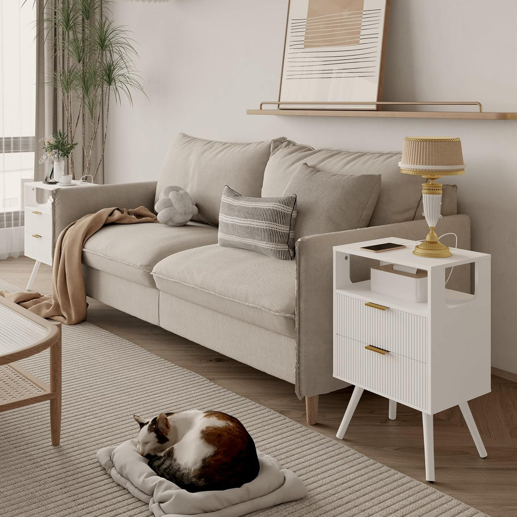White Nightstand with Charging Station and LED Lights,Modern Bedside Table with 2 Storage Drawer and Open Wood Shelf