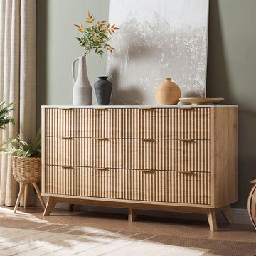 54" Wide Fluted 6 Drawer Dresser , Natural Oak | Mid Century Modern, Faux Marble Top, Curved Profile, Metal Handles