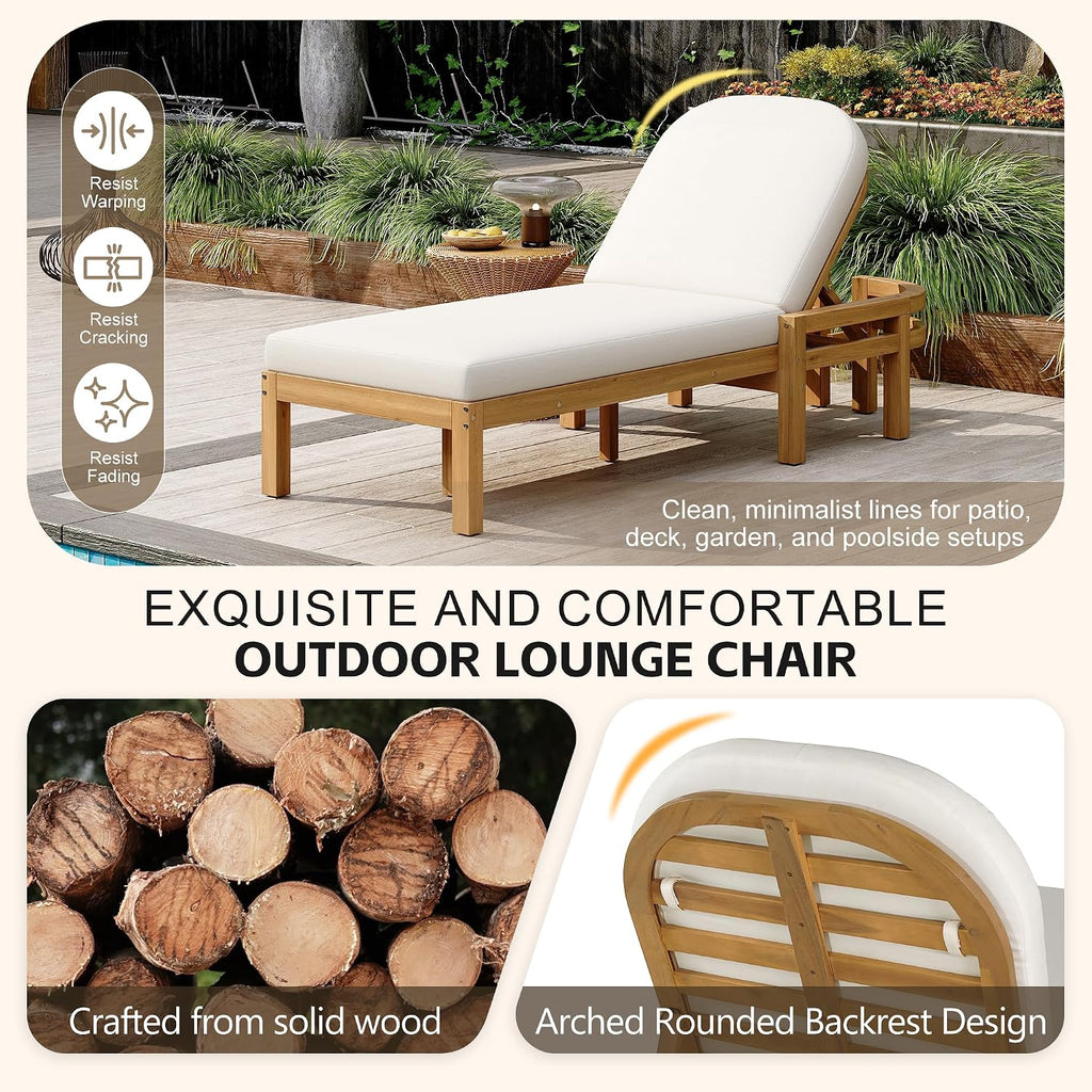 Acacia Wood Outdoor Chaise Lounge Set of 2, 5-Position Adjustable Patio Recliner with Arched Backrest & Thick