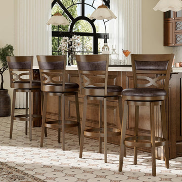 30 inch Bar Height Stools Set of 4, Swivel Bar Stools with Back, Wooden Bar Chairs Tall Faux Leather Kitchen Stools