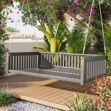 Porch Swing Bed, Acacia Wood Outdoor Daybed Swing, Spacious Design Fits Twin Mattress, 350 lbs Capacity, Garden