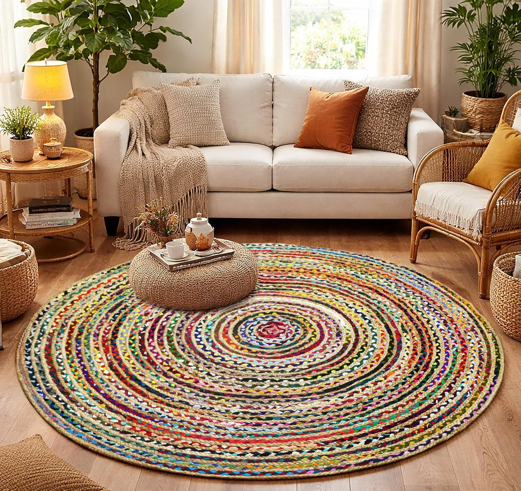 Jute Chindi Braid Rag Rug - 7 Feet Round Multi Color Area Rug | Handwoven Reversible Jute & Natural Recycled Cotton