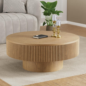 31.5" Round Fluted Coffee Table, Modern Wood Circle Coffee Table, Veneer Handcrafted Relief Tea Table with Sturdy