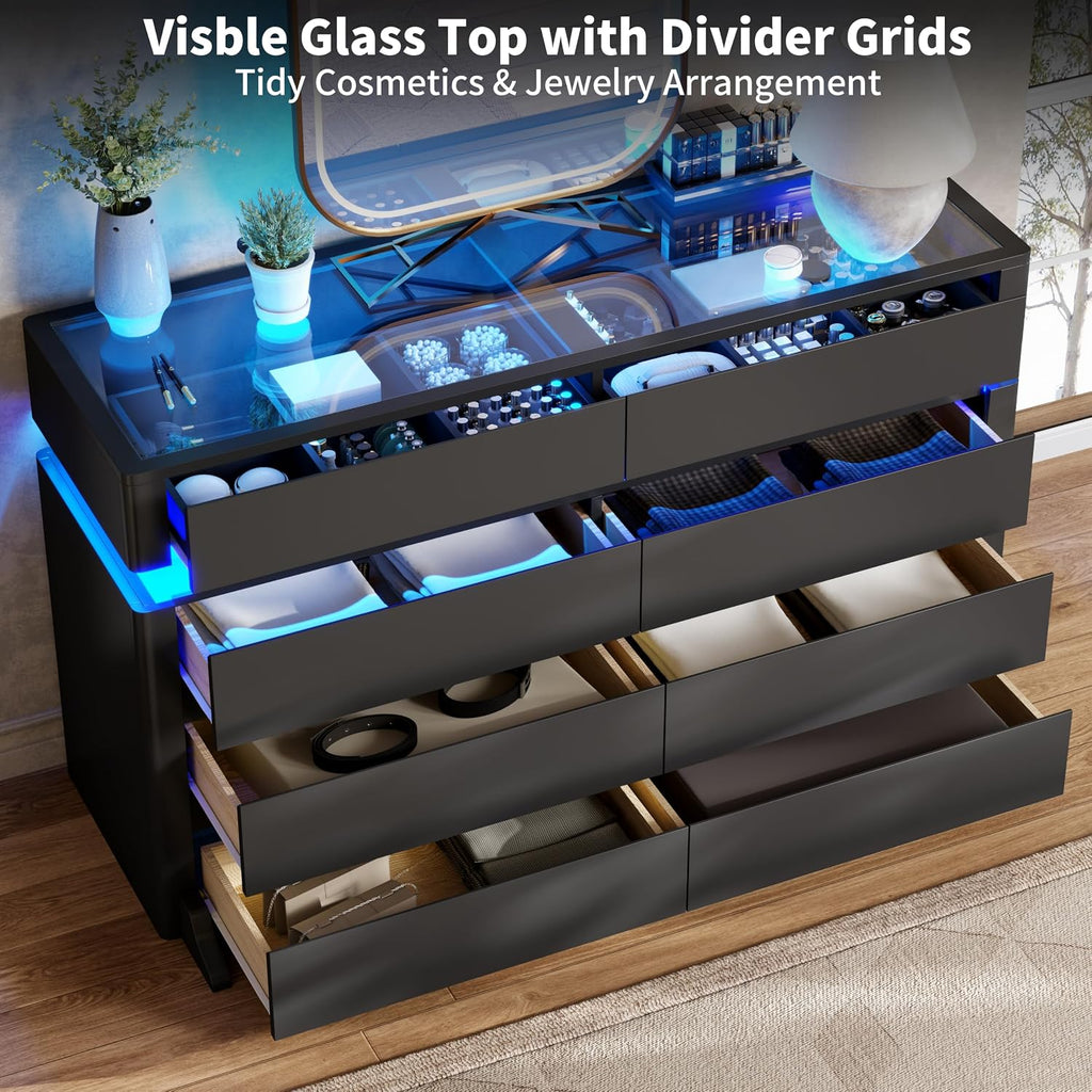 8 Drawer Dresser with LED Lights, Black Dresser with Glass Top Modern Chest of Drawers for Closet Modern Double Wide