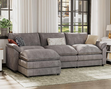 119” Sectional Sofa Modern Deep Couch with Reversible Ottoman