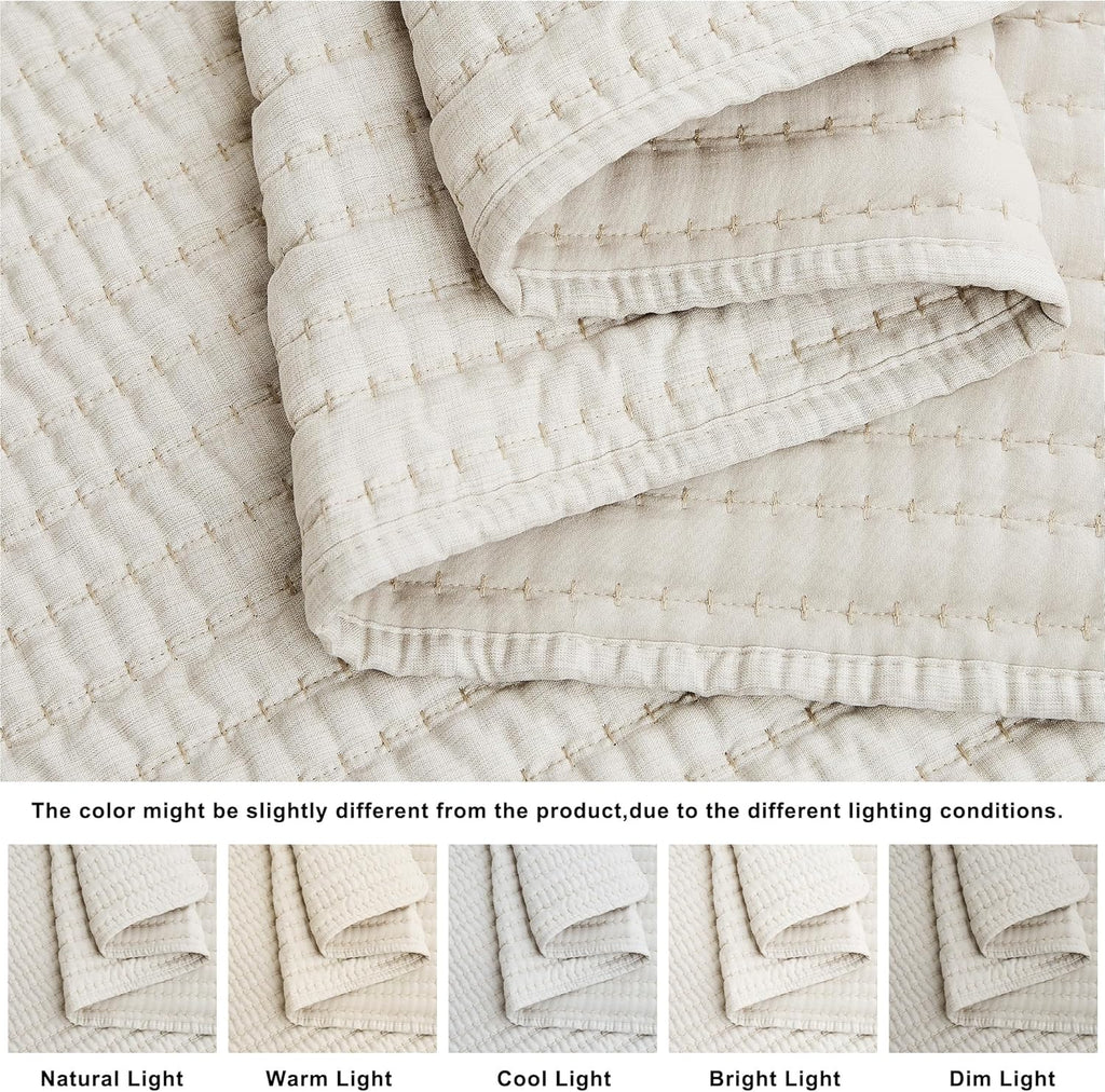 Beige Pick Stitch King Quilt Set, Striped Lightweight Soft Summer Spring Bedspread, Bamboo Linen Like Textured