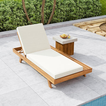 Acacia Wood Chaise Lounge with 4'' Cushion, Outdoor 79'' Patio Recliner Chair with 4-Position Adjustable