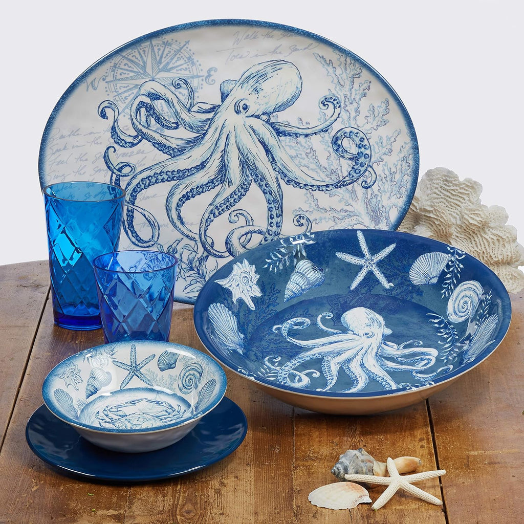 Oceanic 3-Piece Melamine Hostess Set - Includes Chip & Dip Server, 3-Section Relish Tray, and Rectangular Fish