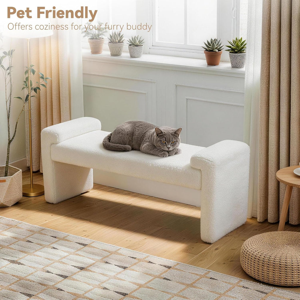 Upholstered Entryway Bench, 43" Modern Bedroom Bench, White | Sherpa Fleece, Curved Armrests, Solid Wood Frame, End