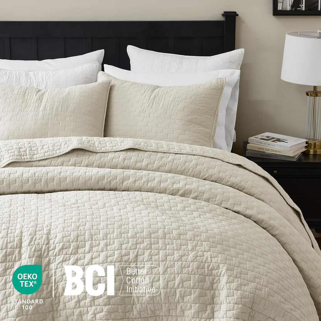 Beige 100% Cotton Quilt King Bedding Sets with 2 Pillow Shams, Textured Lightweight Soft Bedspread Shabby Chic