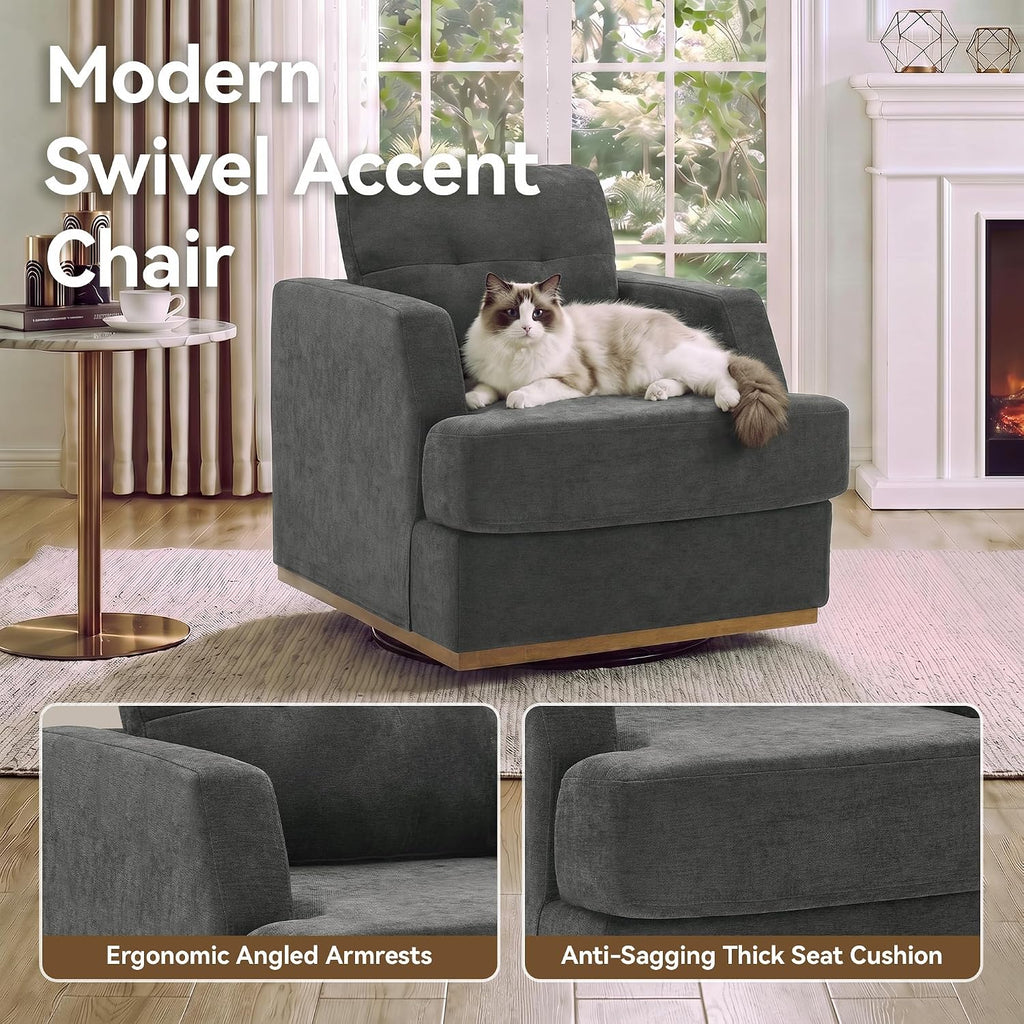 Swivel Accent Chair, 360° Rotatable Square Barrel Chair, Comfy Deep Seat Chenille Upholstered Living Room Chairs