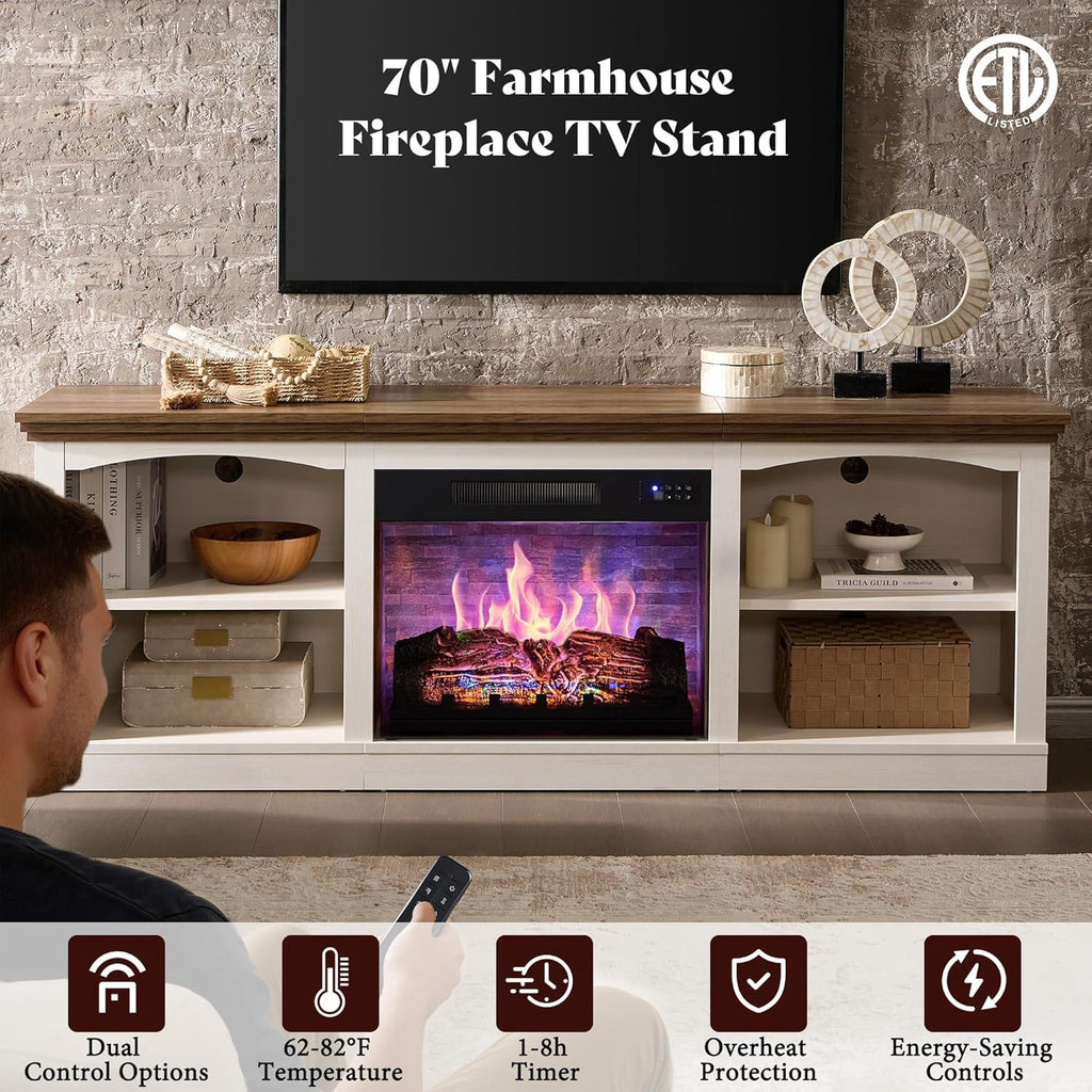 70" Farmhouse Fireplace TV Stand for TVs up to 80", Entertainment Center with 23" Fireplace, Open Shelves, One-Box