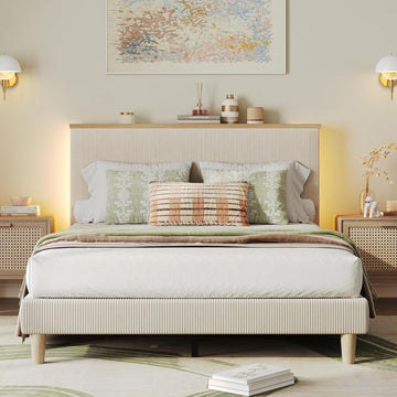 Queen Bed Frame with Adjustable Headboard & LEDLighting, Corduroy Upholstered Platform Bed Frame withStorage Shelf