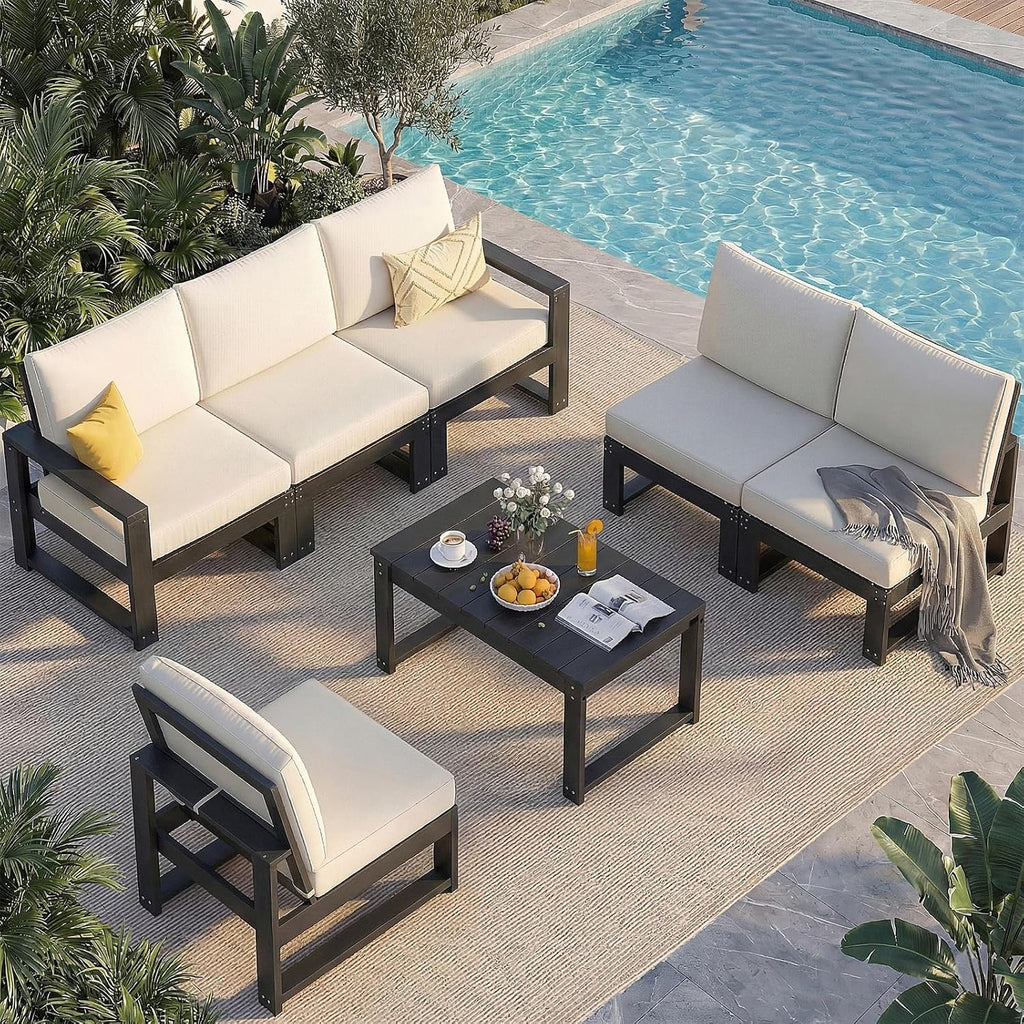 Outdoor Furniture with Cushions, Patio Furniture Set, 7-Piece L Shaped Outdoor Couch Sets 6 Seats, HDPE Patio