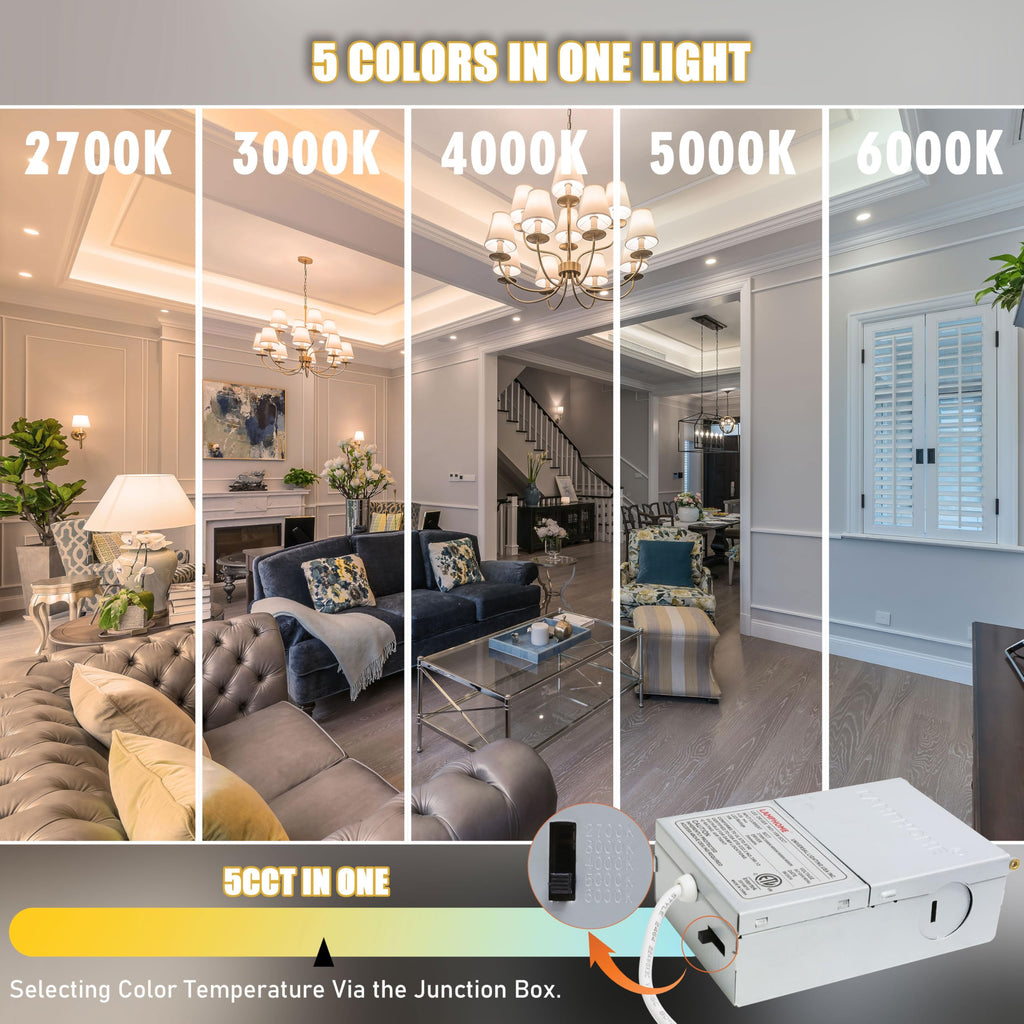 Of 8-Inch Slim LED Recessed Lights with Junction Box, Adjustable Color Temperatures (2700K-5000K), 18W