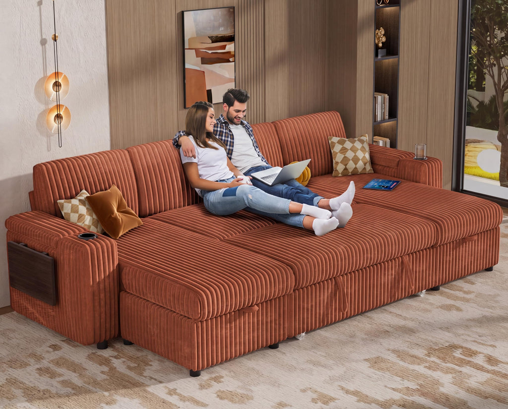 108" Modular Sectional Sleeper Sofa with Pull Out Bed, 4 Seat Plush Corduroy U Shaped Couch with USB Ports|Cup