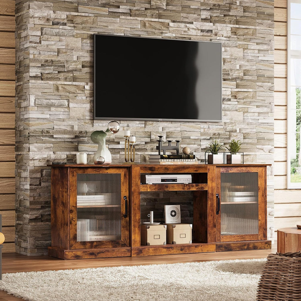 Farmhouse TV Stand for 75 inch TV, Entertainment Center with Storage Cabinets, Mid Century Modern TV Console for Living Room, Bedroom, Rustic Brown