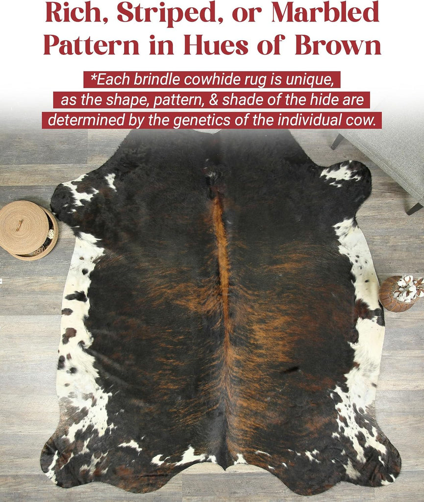 Dark Brown Brindle Cowhide Rug 6x8 ft, Real Hair on Hide Rug | Dark chocolate brown brindle stripes. Genuine hair on