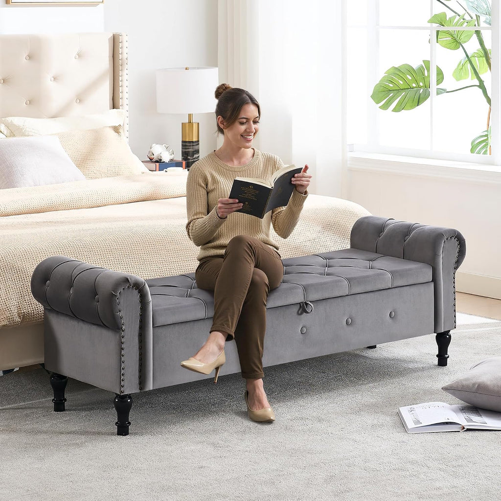 Storage Bench 67" Velvet End of Bed Benches Dark Grey | King Size Storage Bench with Rolled Arms Tufted Ottoman