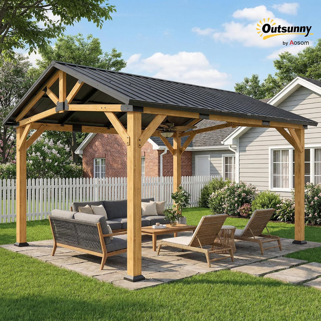 13' x 11' Hardtop Gazebo Canopy with Galvanised Metal Roof, Fir Wood Frame