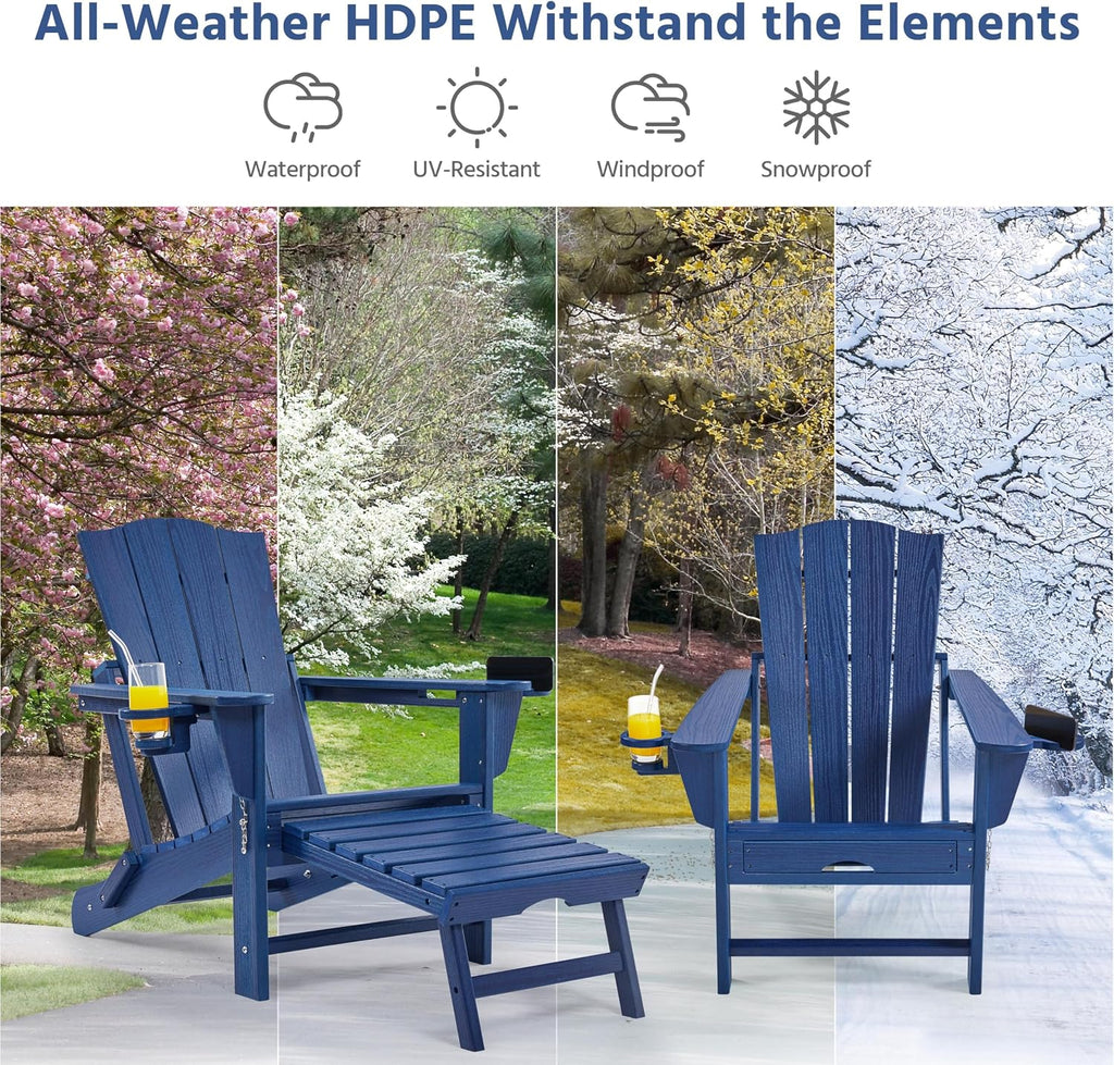 Adirondack Chairs 1pcs Outdoor Folding Set with Ottoman,Navy Blue | All-weather patio fire pit seating with