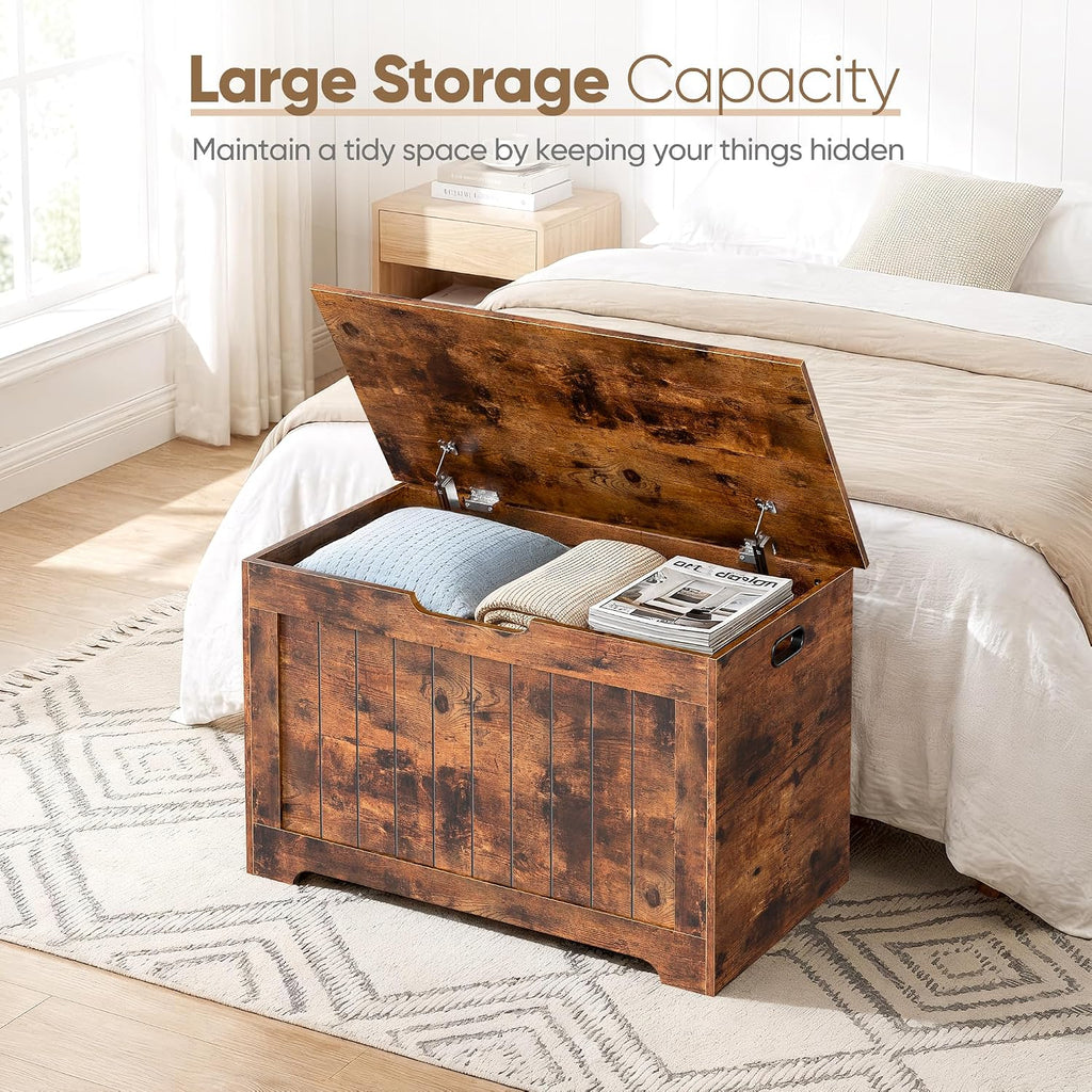 Storage Chest, 30 inches Chest Box Organizer with 2 Safety Hinges, Wooden Entryway Storage Bench, Rustic Brown
