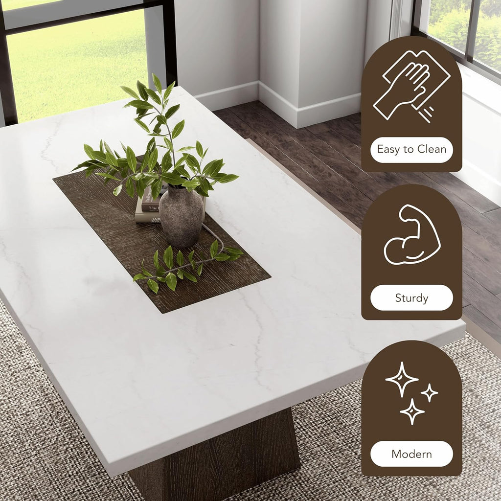Rafferty Modern Solid Wood 70-inch Rectangle Dining Table with Genuine White Marble Tabletop and Tapered Pedestal