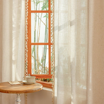 Linen Boho Curtains Bedroom, Semi Sheer Macrame Drapes 84 inches Length Farmhouse Style Back Tab Drapes for Sliding