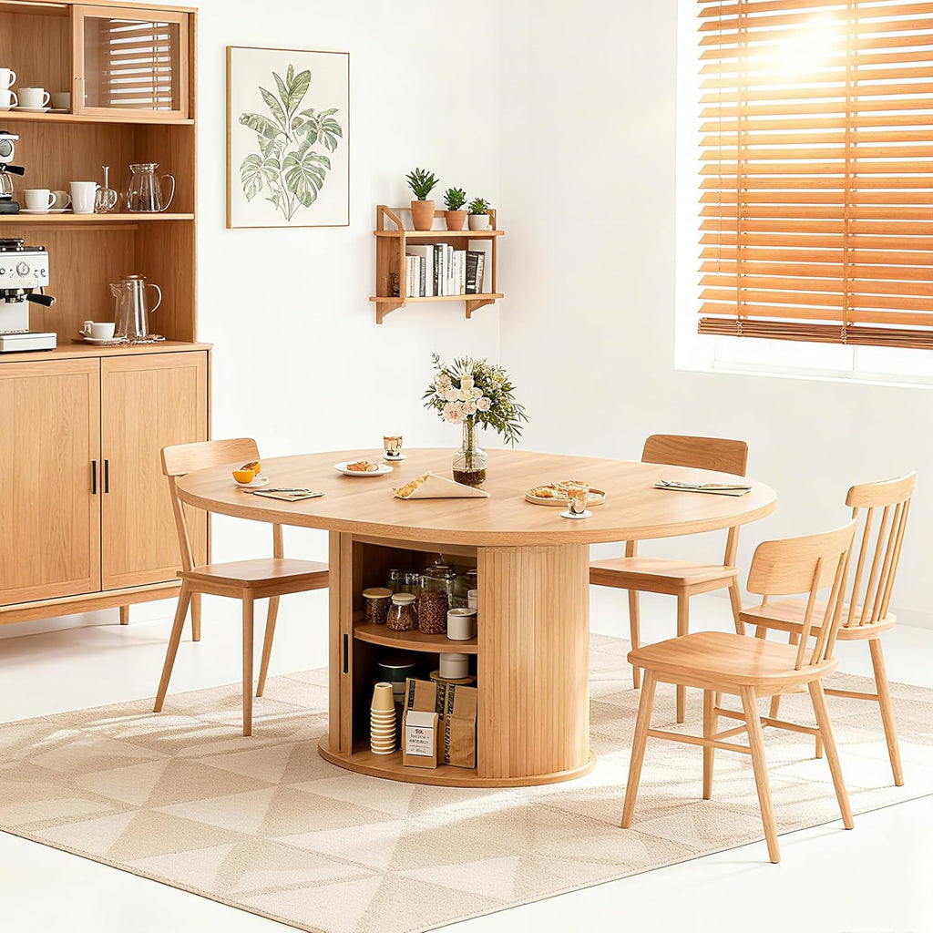 Extendable Round Dining Table for 2-4-6, 63 Inch Dining Room Kitchen Table with 2-Tier Storage Shelf, Modern